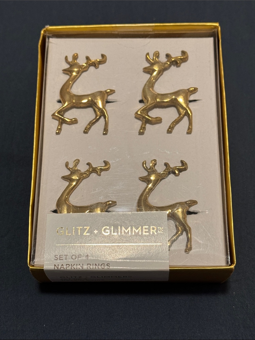 Glitz + Glimmer Gold Reindeer Napkin Rings - Set of 4